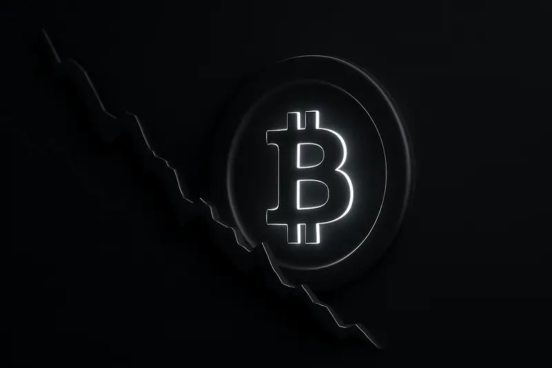 Jagged red downward chart shatters into fragments that reform as a bright golden coin glowing on a black background