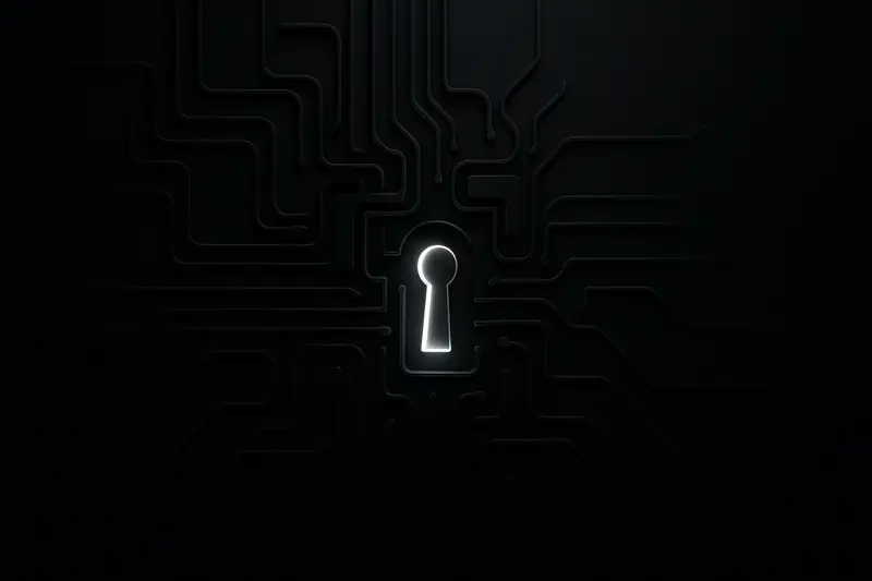 On a black background, a fortified metallic circuit maze with a single glowing keyhole opening onto bright, flowing light trails.