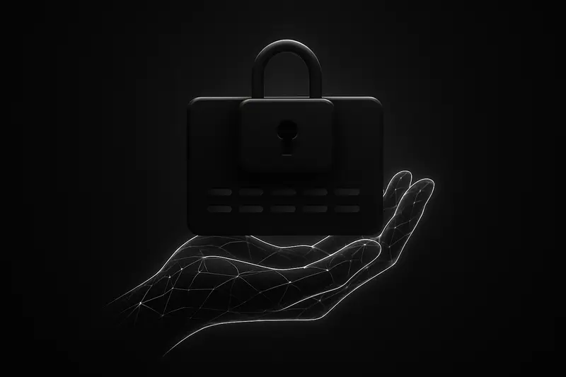 Black background with a neon neural-network hand gripping a small padlock and a glowing geometric key, surrounded by faint circuit lines.