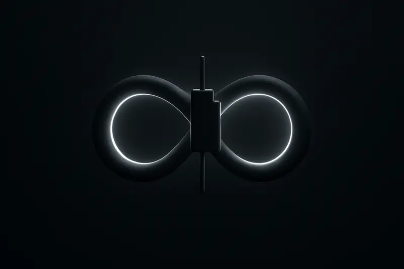 Neon infinity loop encircling a luminous candlestick chart above a dark ocean-like grid, with subtle wave reflections on black.