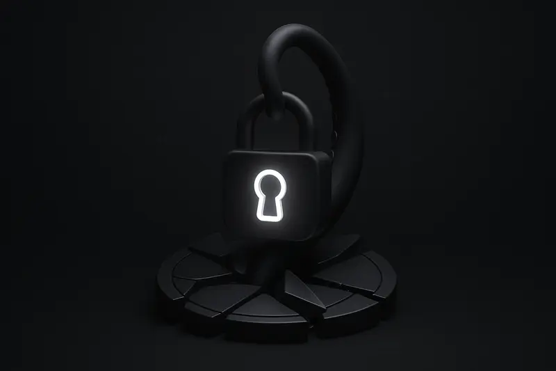 Dark oceanic tentacle wrapped around a glowing padlock and floating metallic coin fragments on a black, neon-lit background.