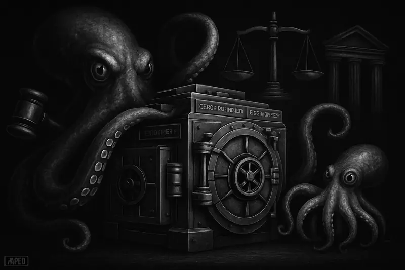 A giant grayscale kraken engulfs a smaller derivatives creature beside heavy financial machinery and regulatory symbols in a dark cinematic scene.