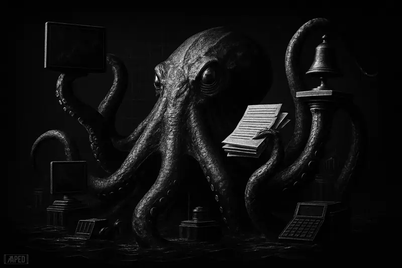 A giant monochrome kraken rises from dark water, gripping trading equipment and IPO symbols in a moody financial cover scene.