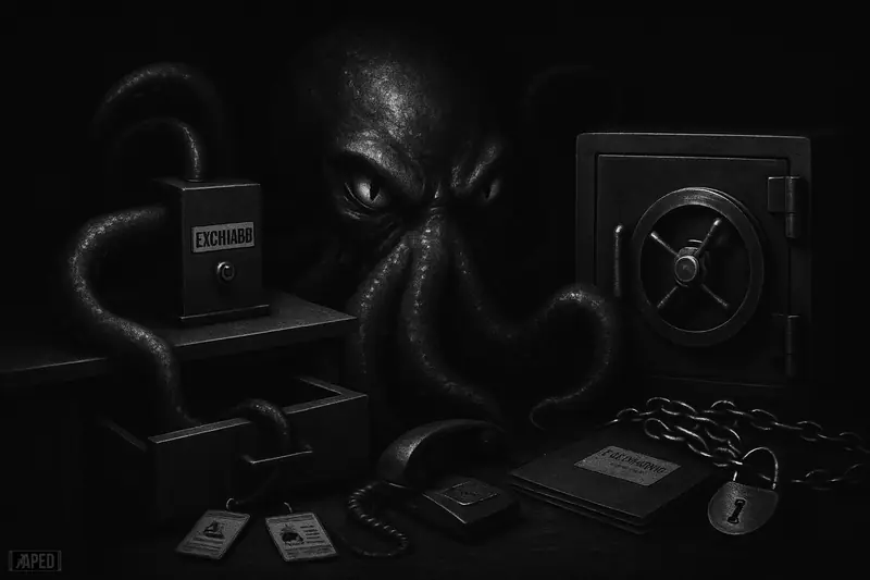 A giant grayscale kraken looms over a secure terminal and vault, with one sneaking tentacle reaching into a support desk drawer.
