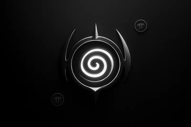 Glowing spiral coin-like coil encircled by a dark metallic trident ring, with faint particle trails on a black background.