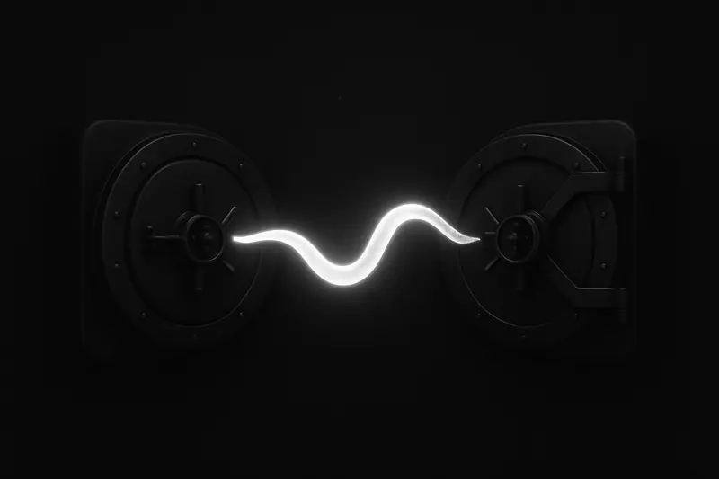 On a black background, a luminous blue tentacle connects two massive steel vault doors, with faint circuit lines and warning red accents.