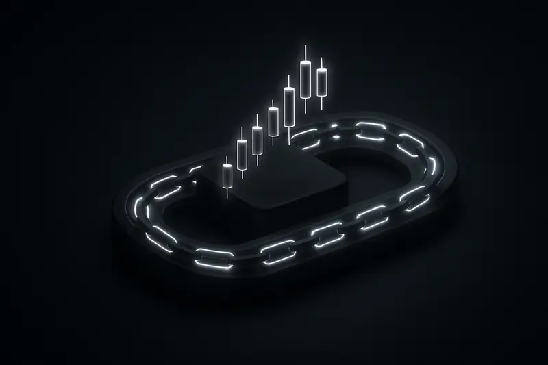 Glowing neon candlestick chart morphing into linked chain segments, circling like an exchange ring on a dark background.