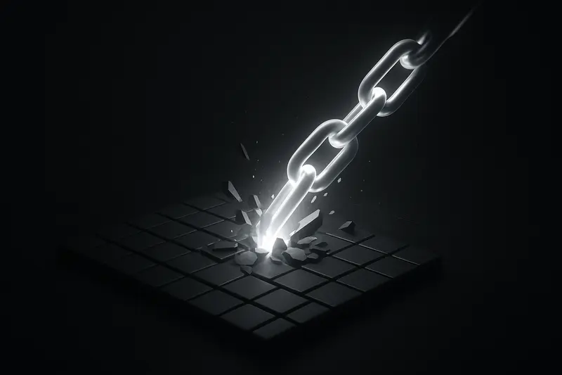 Neon-linked chain arch glows across a dark chart grid, with one bright spike rising while surrounding lines stay flat.