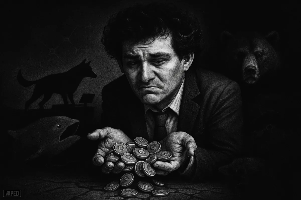 A grayscale caricature of Sam Bankman-Fried dumping crypto chips as a wolf and bear loom in a dark trading scene.