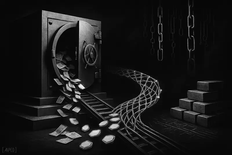 A dark vault and institutional rails transform into a fiber-optic bridge connecting tokenized assets to tangled blockchain chains in grayscale.