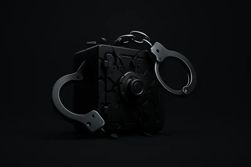 Shattered obsidian vault emitting green data shards, bound by chrome handcuffs, on a dark cyber grid background.