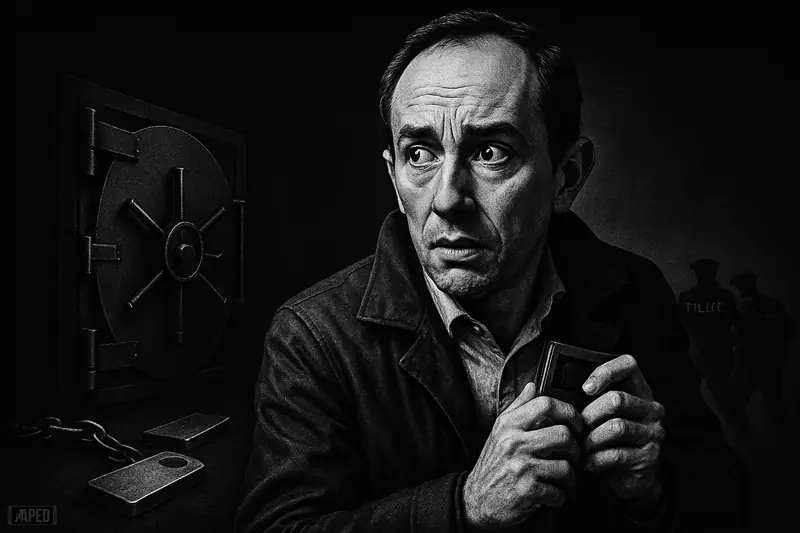 David Balland stands tense in a dark noir scene as police seize a suspect behind him amid crypto security imagery.