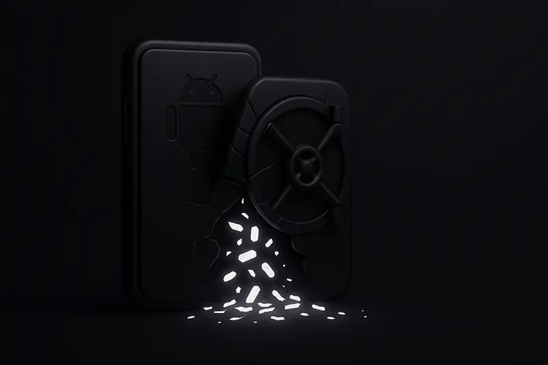 A dark smartphone silhouette with a cracked screen, leaking glowing word-like shards into a shadowy void on black.