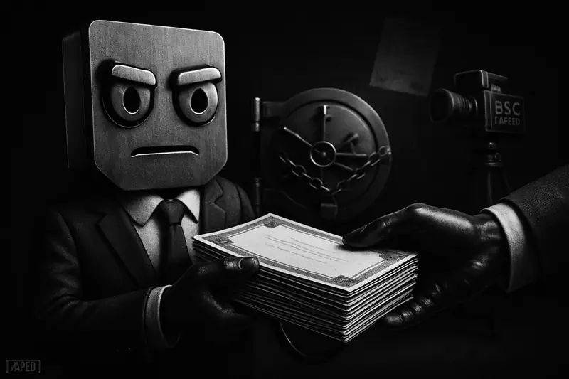 A stern hardware wallet caricature in a suit trades blank share papers with a faceless investor hand, vault door chained shut behind.
