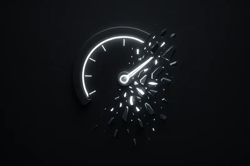 Broken neon gauge spills glowing shards and red candlestick fragments into a dark void, with faint gridlines and scattered sparks.