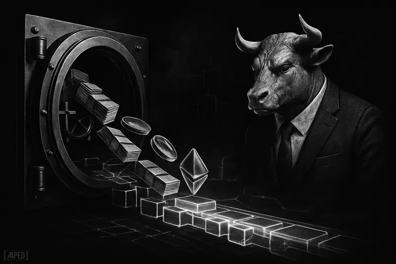 A grayscale vault opens as institutional fund documents transform into tokens moving across blockchain rails beside a suited marble bull.