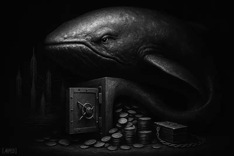 A giant grayscale whale pulls scattered tokens back toward a treasure vault, with dark staking towers and network nodes behind it.