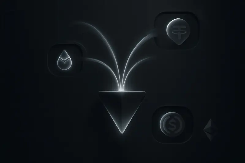 Neon blue liquid streams pour into a dark geometric vault prism, splitting into multiple channels on a black background.