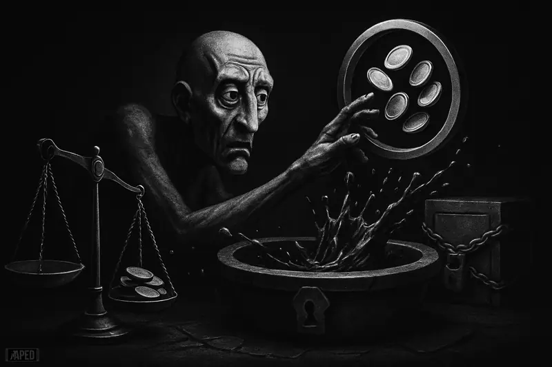 A grayscale stone idol in a dark vault pulls swirling tokens into a locked basin beside tilted scales and chained treasury coffers.