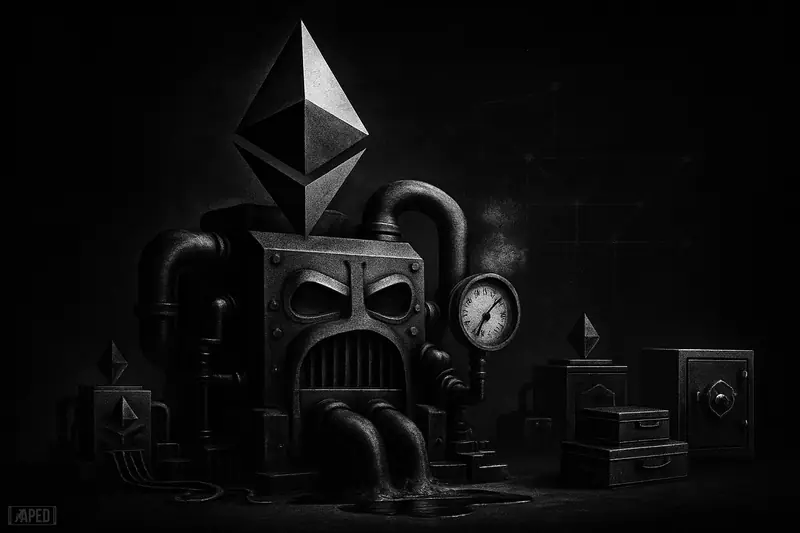 A giant Ethereum-like staking factory dominates smaller rigs, with a falling gauge, steam leaks, and a shadowy vault on a dark grid background.