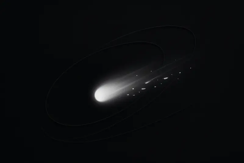 A fading glowing comet with broken shards drifting into multiple circular orbits on a dark, star-speckled background