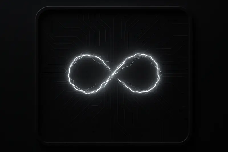 Glowing infinity-shaped lightning loop hovering above dark circuit traces and faint currency-like particles on a black background.