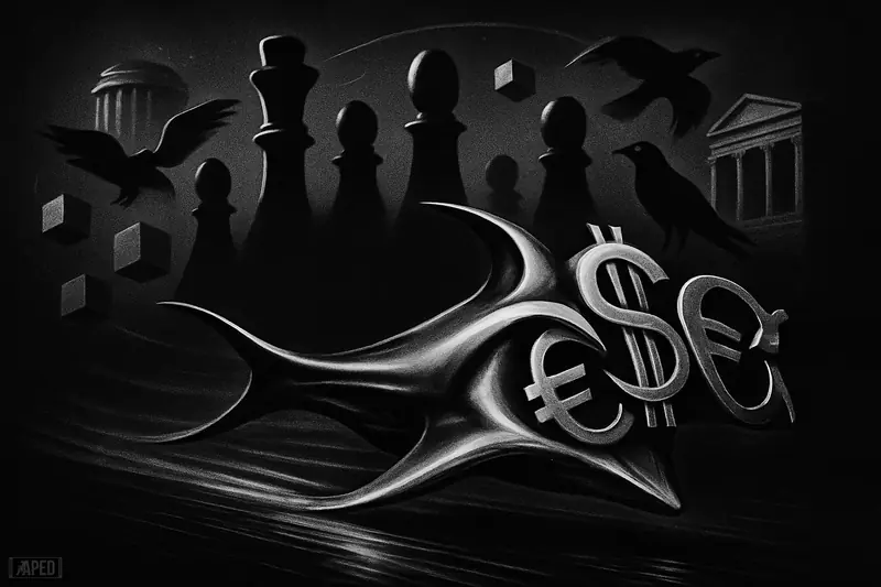 A metallic manta ray trading machine charges through darkness as investor silhouettes and tokenized asset forms circle around it in grayscale.