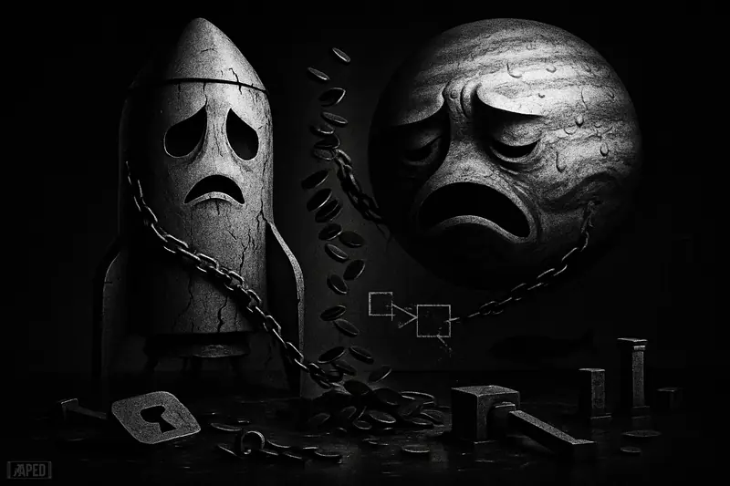Two damaged symbolic staking machines collapse amid broken chains and fractured network structures in a dark grayscale financial crash scene.
