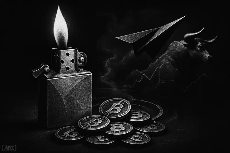 A dramatic grayscale lighter pulls metallic tokens inward while a paper airplane surges ahead against a dark grid, suggesting a bullish supply shock.