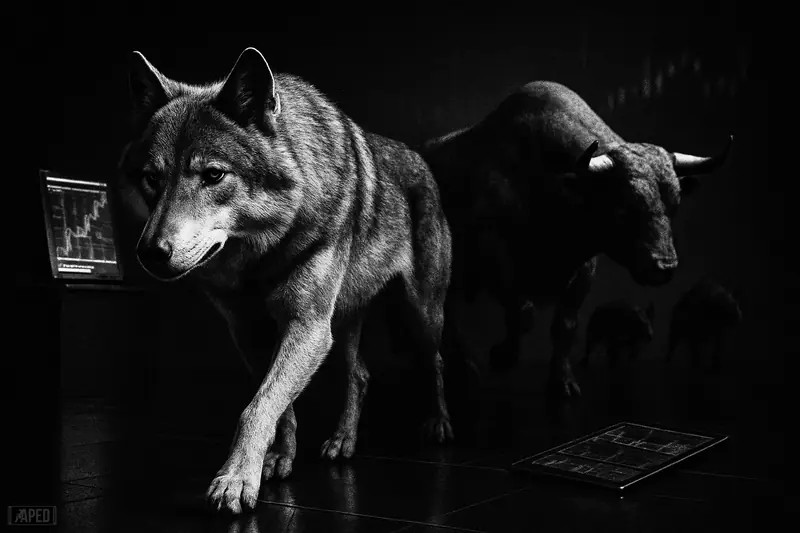 A silver wolf leads a restrained bull across a dark trading floor, suggesting Litecoin heading a modest crypto market rebound.