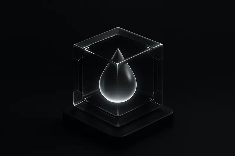 A glossy black oil droplet suspended inside a transparent cube of glowing grid lines on a dark background.