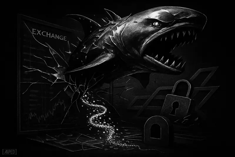 A metallic phantom whale crashes through a broken DeFi terminal as asset streams spiral toward a dark wallet vault in grayscale.