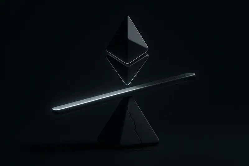 A bright cyan crystal beam balanced on a thin fulcrum above a fractured black surface, with red market-like sparks below.