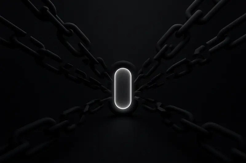 Broken metallic chain fragments and dim NFT glyphs spiral into a single bright violet portal on a dark background