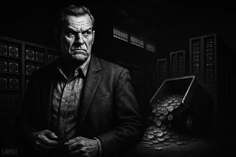 Bob Burnett stands before mining rigs and AI server towers as metallic discs spill nearby in a dark monochrome finance-magazine scene.