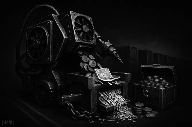 A gigantic mining machine pours coins into a crushing press that shreds bonds and breaks chains, with servers receding into darkness.