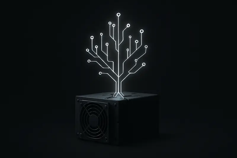 On a black background, a cracked metal mining rig sprouts a luminous circuit-tree, with blue and amber data lines rising upward.