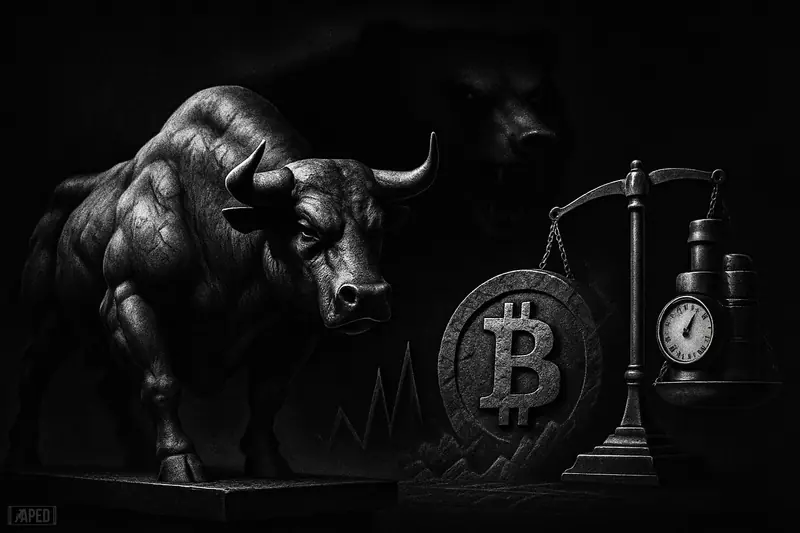 A metallic bull holds ground before a shadowy bear, inflation scales, and a stone Bitcoin symbol in a dark grayscale market scene.