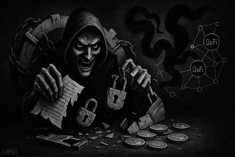 A shadowy hacker breaches a fractured crypto vault as smoky tendrils spread through dark DeFi network nodes in grayscale.
