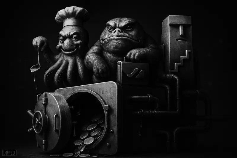 A dark, monochrome vault scene with three photorealistic caricature mascots atop a DeFi savings machine releasing stable coins and droplets.