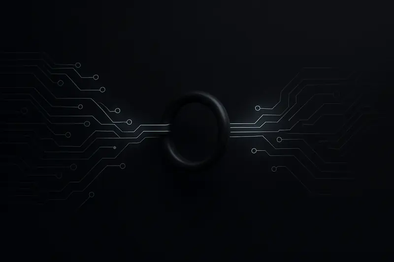 A dark metallic ring linking a neon blockchain grid to a sleek fiat circuit board on a black background