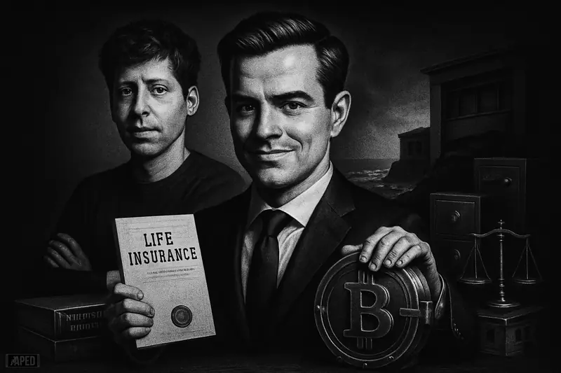 Zac Townsend and Sam Altman in a dark financial office, posed with a Bitcoin vault, insurance dossier, safes, and estate-planning symbols.
