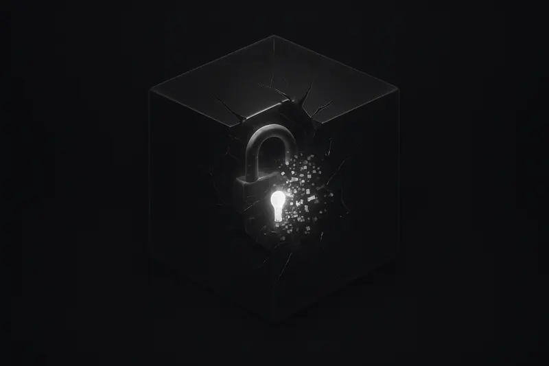 Dark cover showing a crystalline cube emitting cold light, shattering a glowing padlock into pixel-like fragments on black.