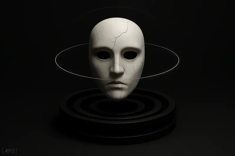 Cracked pale mask suspended over concentric dark rings closing inward on a black background with faint red highlights