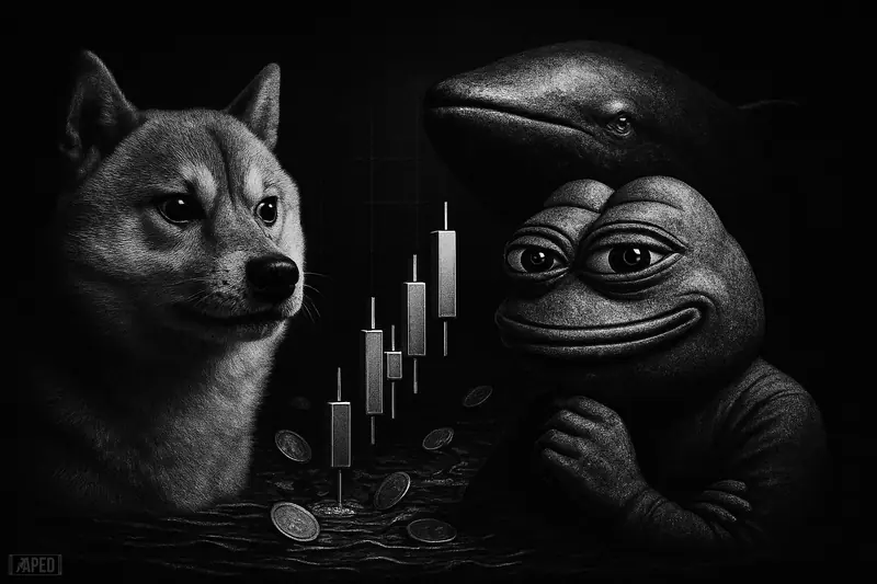 A realistic shiba inu, sly frog, and massive whale stand amid shadowy trading-chart forms on a dark grayscale market-themed cover.