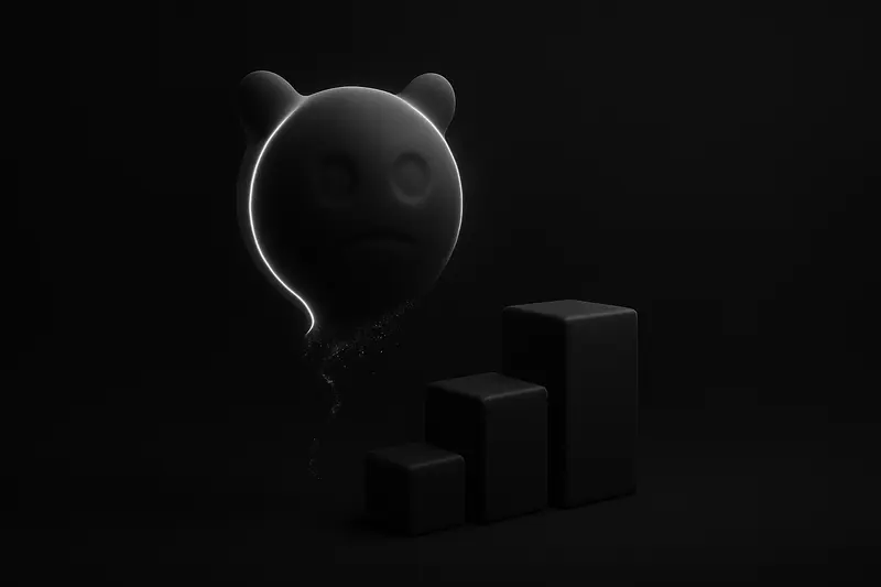 A deflating neon balloon sheds glowing fragments that harden into dark, stacked geometric blocks on a black background.