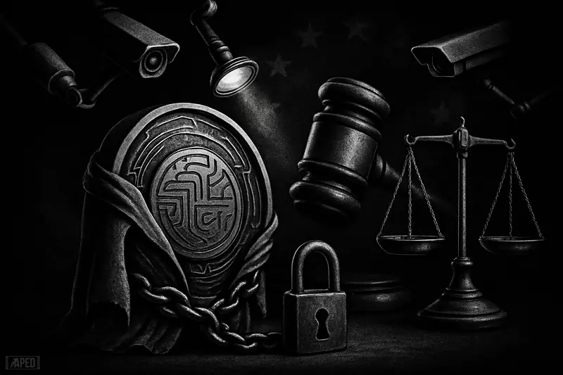 A cloaked privacy-coin token is inspected by robotic arms, cameras, and a magnifier, with a gavel and scales in a dark grid backdrop.