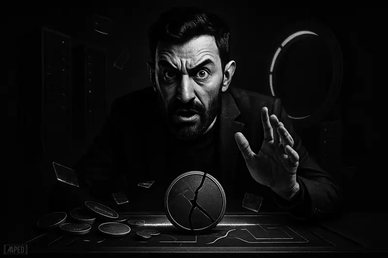 Mert Mumtaz, rendered as a realistic caricature, urgently warns over a dark trading desk amid broken token vault imagery and ominous crypto infrastructure.