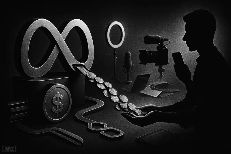 A dark grayscale scene shows a Meta-like payout machine sending digital coins to a creator amid media gear and crypto network rails.