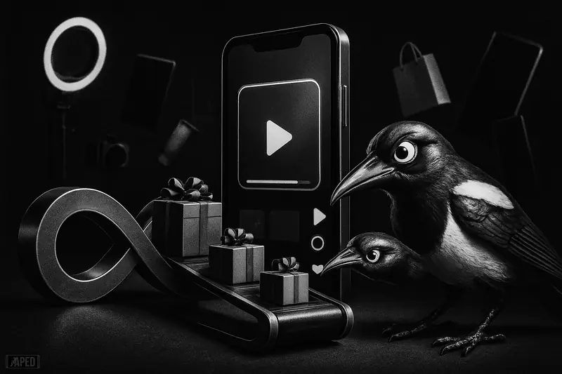 A metallic infinity machine, AI bird, and looming phones transform short videos into a dark, cinematic shopping ecosystem.